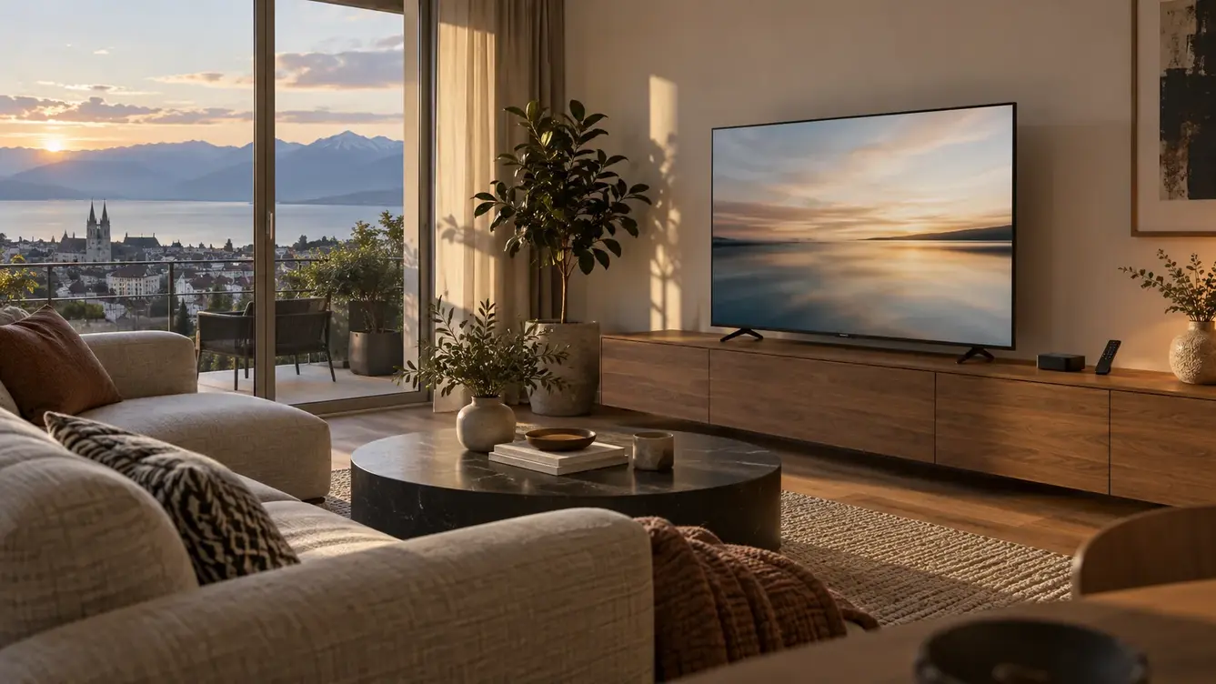Wohnzimmer mit Fernseher und einer einzelnen TV-Box auf dem Medienmöbel